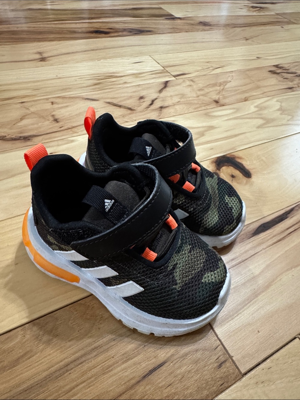 adidas Kids Black Camo Sneakers with Orange Accents